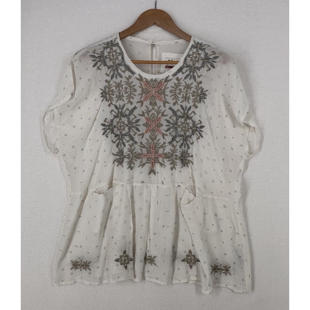 Johnny Was Biya 100% Silk Embroidered Floral Cap Sleeve Pocket Shirt Top Size M